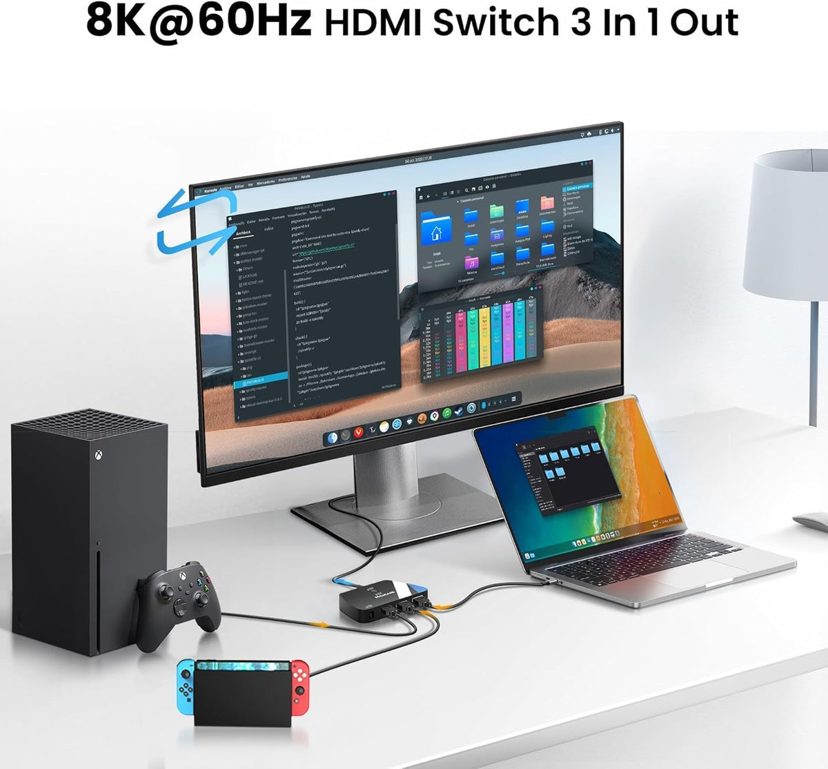 Interruptor HDMI 2.1 3 en 1 salida, 4K @120Hz 8K @60Hz 48Gbps Dolby ALLM