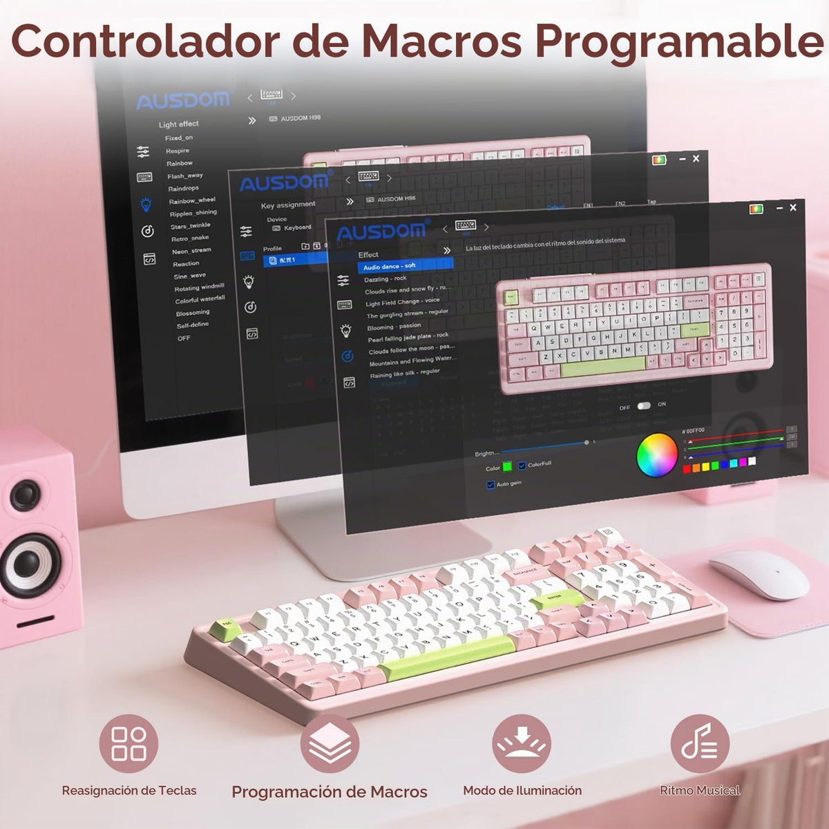 AUSDOM H98 - Teclado mecánico cremoso rosa, teclado inalámbrico sil...