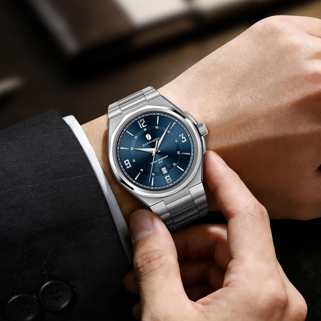 SAPPHERO Reloj para hombre con subesfera de fecha/esfera de números arábigos, cuarzo analógico, correa de acero inoxidable/piel, 164 ft impermeable, reloj de pulsera de vestir casual para trabajo de