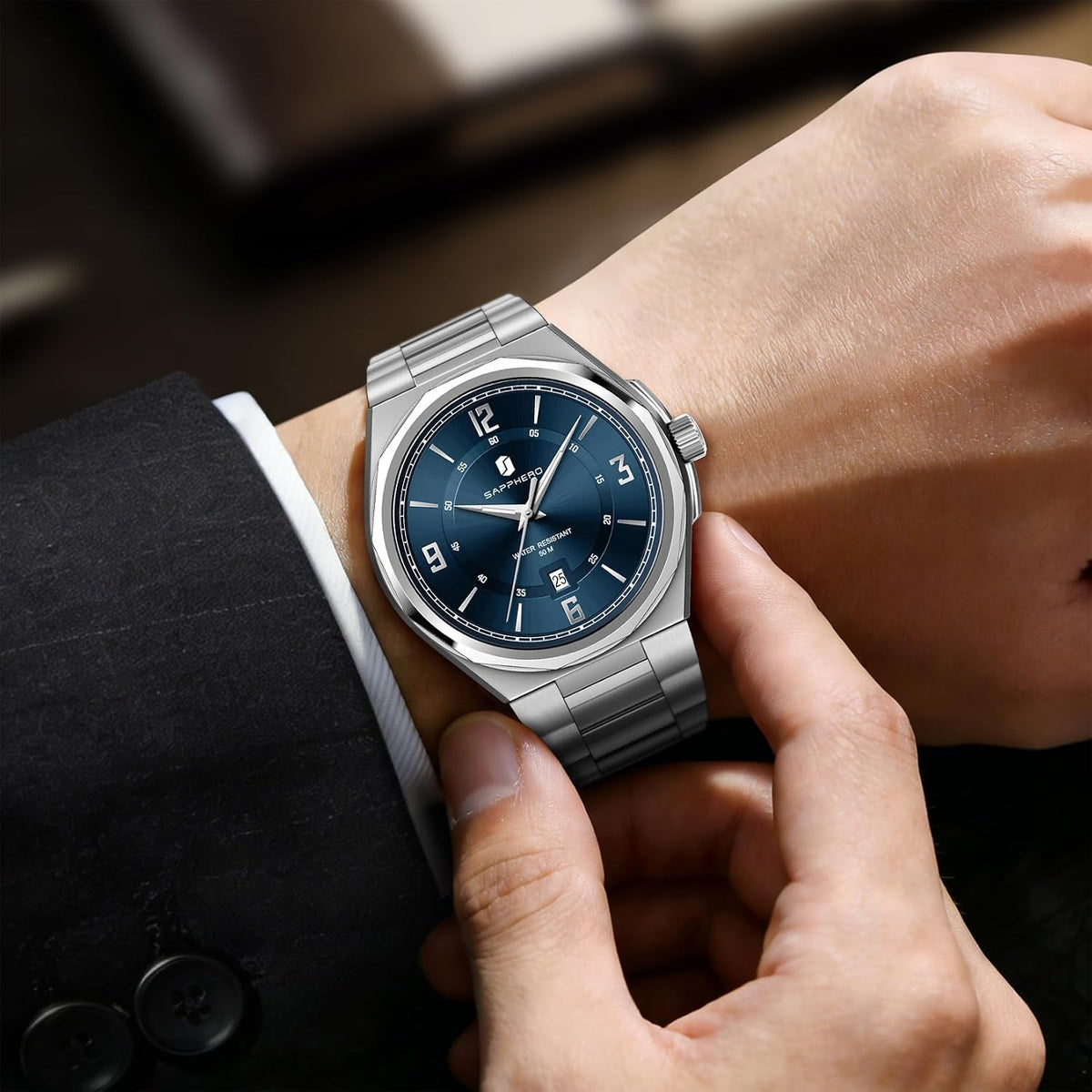 SAPPHERO Reloj para hombre con subesfera de fecha/esfera de números arábigos, cuarzo analógico, correa de acero inoxidable/piel, 164 ft impermeable, reloj de pulsera de vestir casual para trabajo de