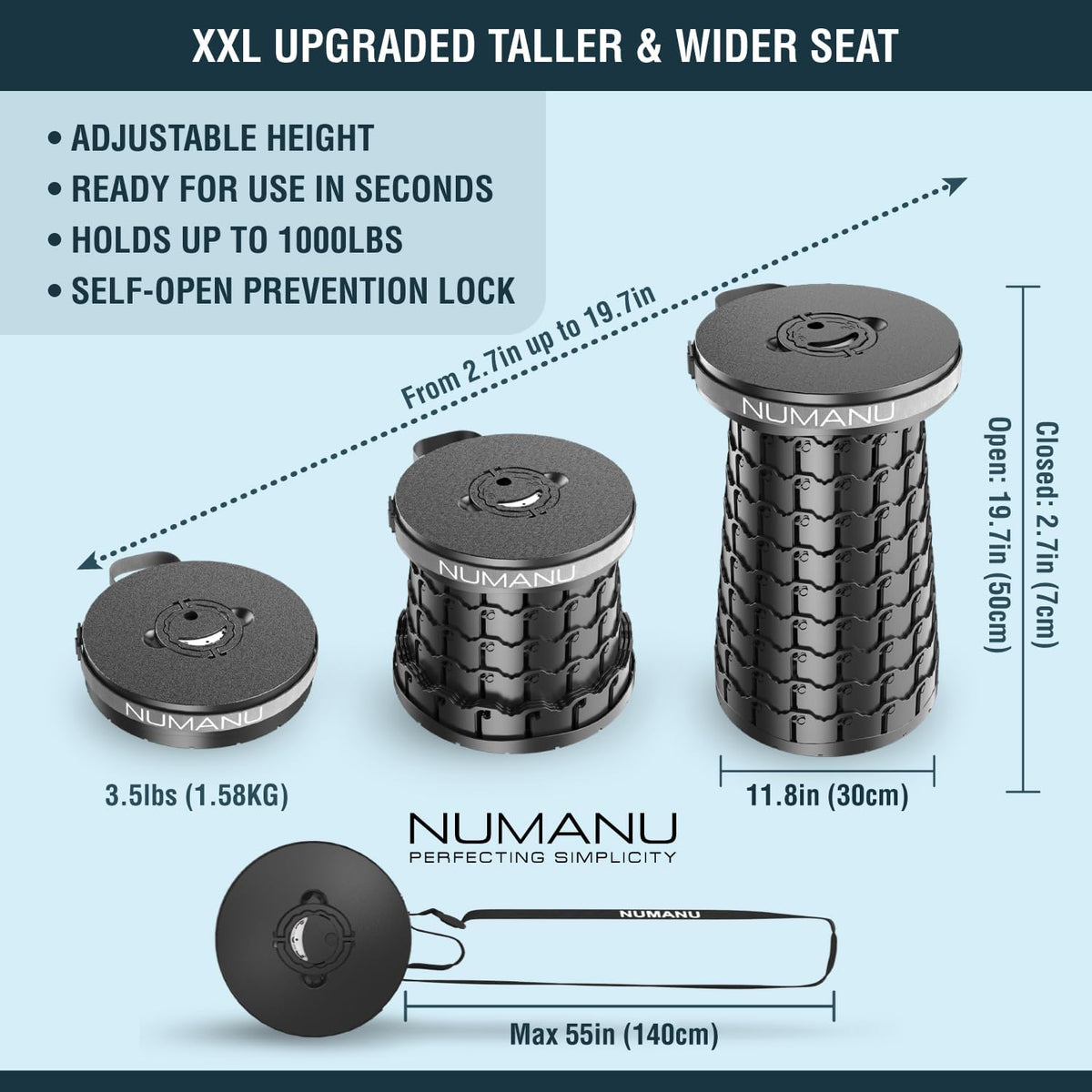 Taburete plegable redondo XXL, cojín 3 en 1 + bolsa, tapa máxima de
