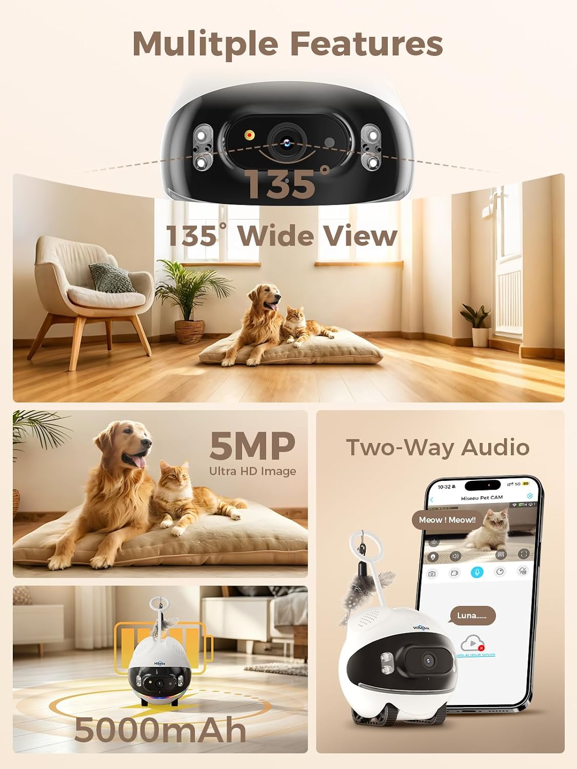 Hiseeu Cámara de seguridad inalámbrica de 5MP para interiores, compañero de