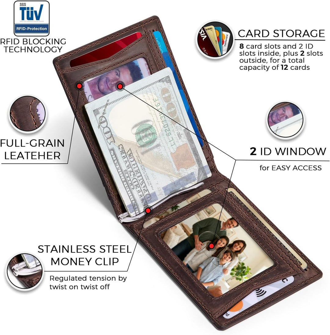 RUNBOX Billetera de cuero genuino para hombre, 12 tarjetas, clip pa...