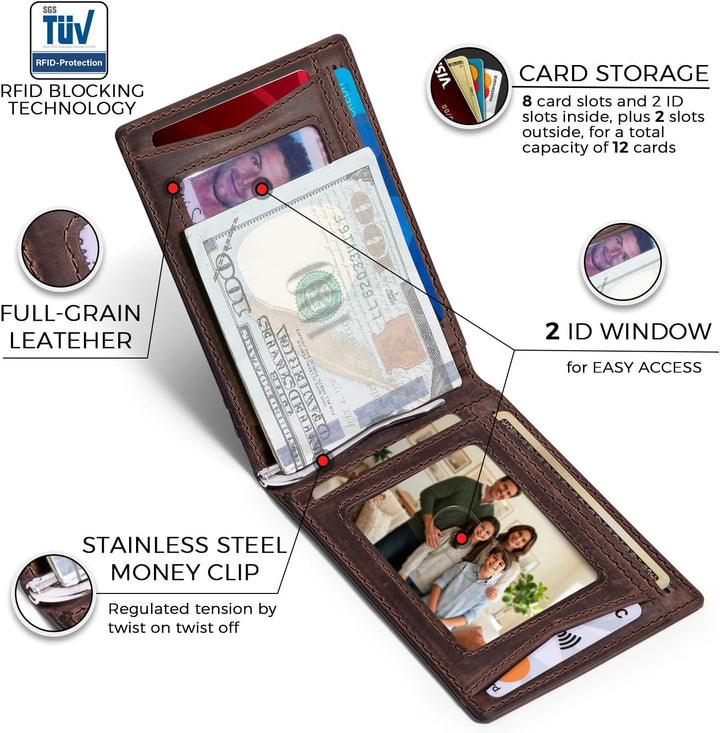 RUNBOX Billetera de cuero genuino para hombre, 12 tarjetas, clip pa...