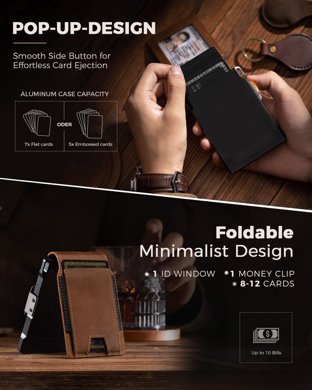 Cartera táctica de piel auténtica para hombre, tarjetero desplegable, inteligente, bloqueo RFID, delgada, minimalista, delgada, bolsillo frontal, capacidad de 12 tarjetas, ventana de