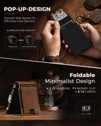 Cartera táctica de piel auténtica para hombre, tarjetero desplegable, inteligente, bloqueo RFID, delgada, minimalista, delgada, bolsillo frontal, capacidad de 12 tarjetas, ventana de