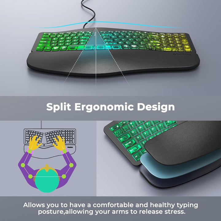 MEETION Ergonomic Keyboard Wired, 7 Colors Transparent Backlit, 4 B...