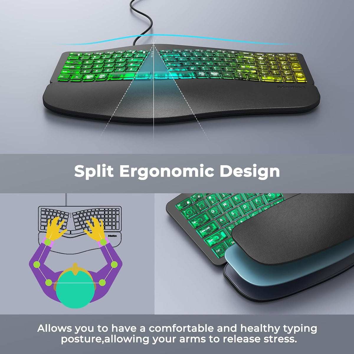 MEETION Teclado ergonómico con cable, retroiluminación transparente...