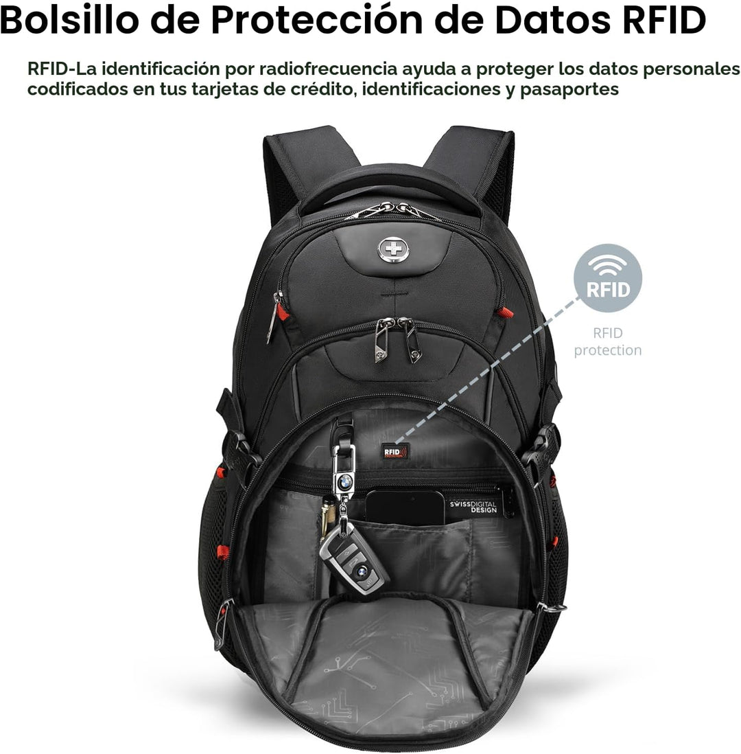 Swissdigital Mochila de diseño para laptop con puerto de carga USB,...