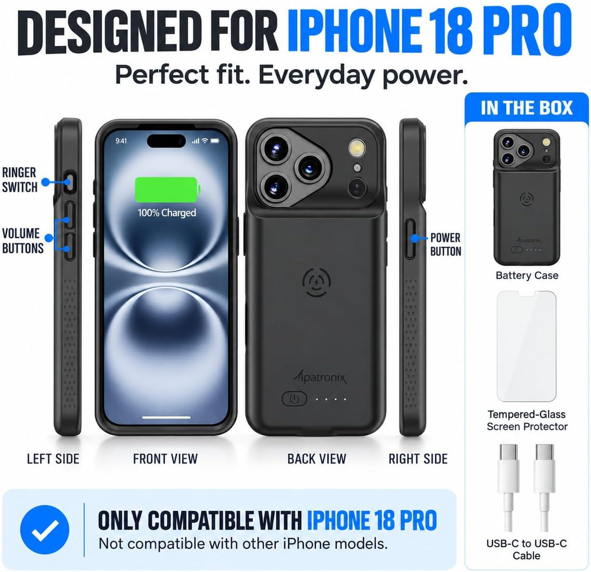 Alpatronix Funda de batería para iPhone 16 Pro, funda protectora delgada y portátil para cargador extendido, carga rápida de 15 W, alta capacidad con funda de carga inalámbrica (BX16Pro), color negro