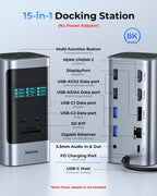 RayCue Estación de acoplamiento USB C, pantalla triple 15 en 1 con 5 botones de acceso directo, pantalla inteligente, DP y HDMI, 10G USB A/C, Gigabit Ethernet, 100 W PD, audio, estación de