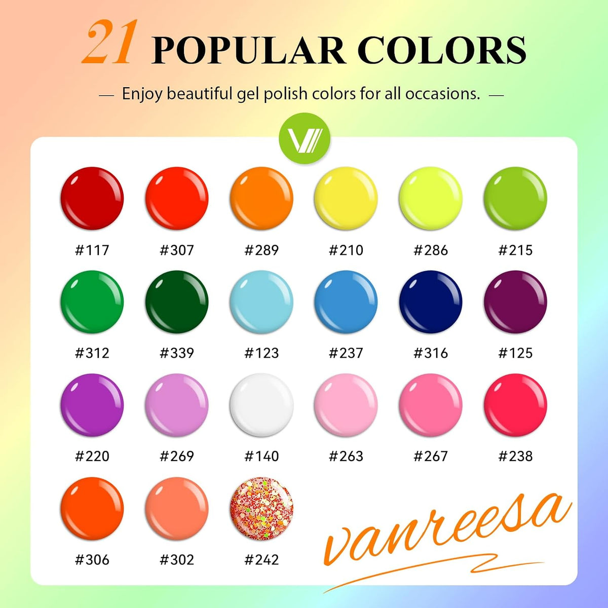 VANREESA - Juego de 24 esmaltes de uñas de gel neón, 21 colores brillantes con capa base, Party Time