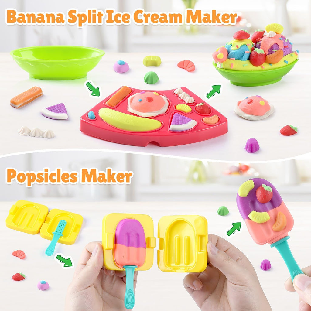 PLAY Juego de Masa de Arcilla con Máquina para Hacer Helados/Máquina para Hacer Fideos/Molde para Helado Banana Split Creaciones de Cocina Artes y Manualidades Juguetes de Comida de Juego Kit de