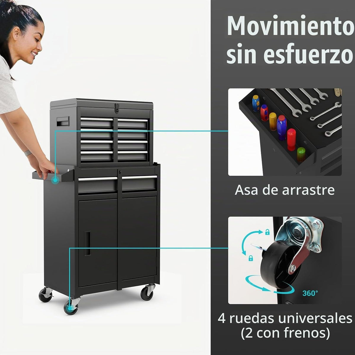 Goplus Baúl de herramientas, gabinete de almacenamiento de herramientas con 5 cajones y ruedas, con parte superior desmontable, caja de herramientas, forro, ruedas universales bloqueables, estante