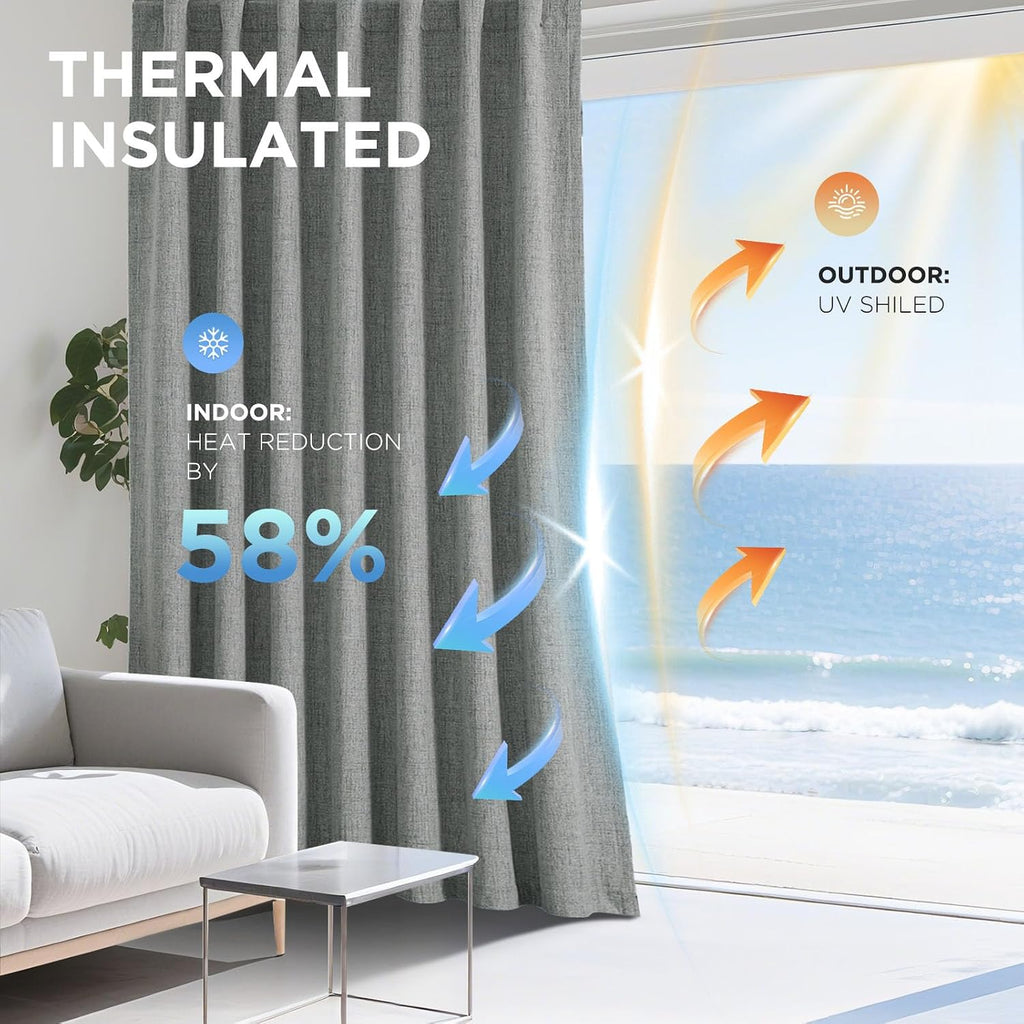 Joydeco - Cortinas 100 % opacas para dormitorio, cortinas de lino natural, cortinas de bloqueo de luz con aislamiento térmico, bolsillo para barra y pestaña trasera, oscurecimiento de privacidad