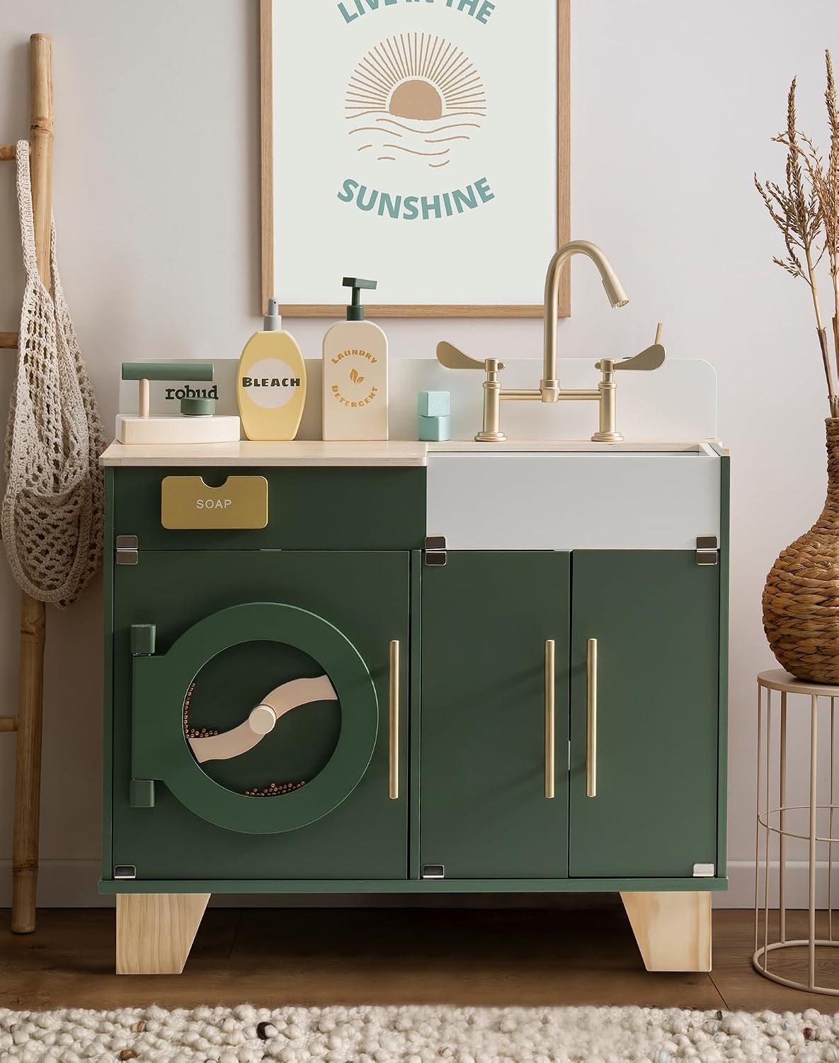 ROBUD Cocina de juego para niños, lavadora multifunción de madera para niños, juego de cocina para niños, lavadora de juguetes de cocina con accesorios, regalo perfecto para bebés de 3 a 8 años