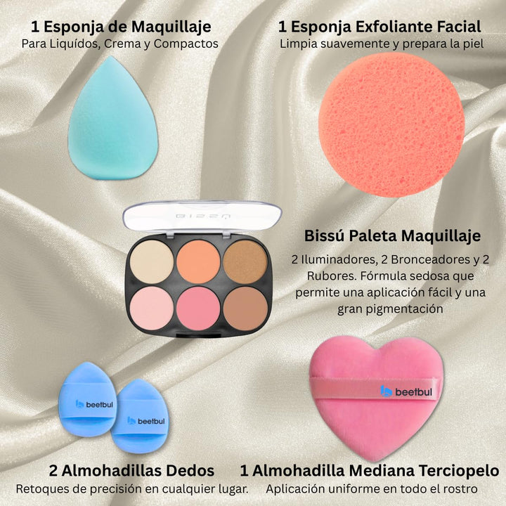 Kit de maquillaje Bissú Paleta de 6 colores + Puff de terciopelo +...