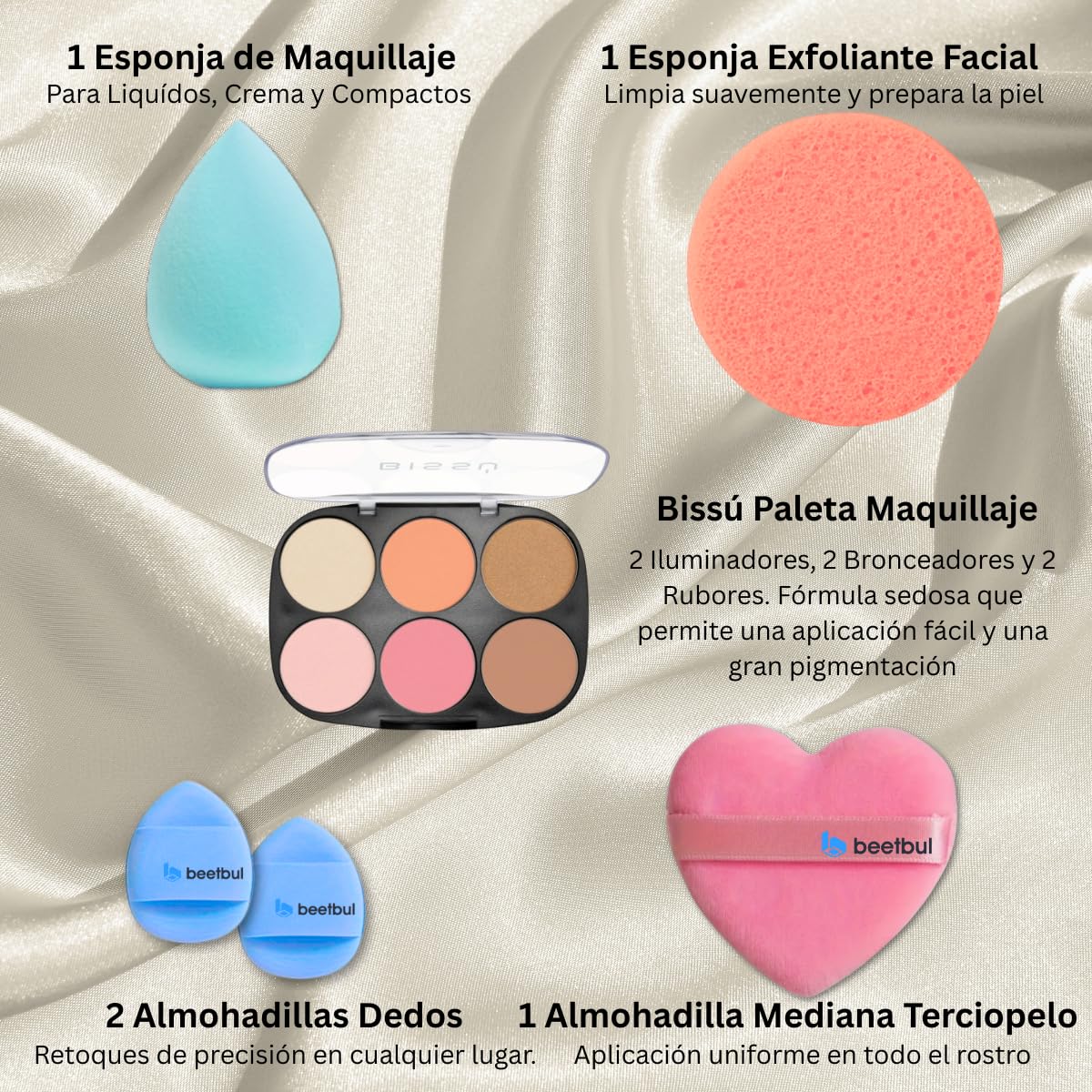 Kit de maquillaje Bissú paleta de 6 colores + esponja de terciopelo...