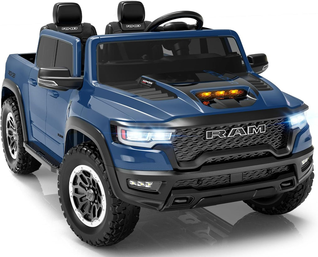 First Ride On Juguetes de paseo de 24 V para niños grandes, RAM 1500 RHO de 2 plazas con control remoto, camión alimentado por batería con suspensión de 4 ruedas, automóvil para niños pequeños con