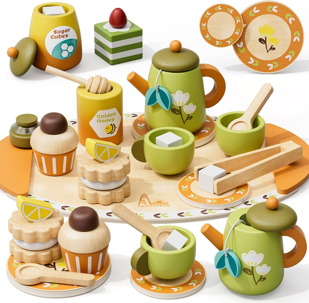 Wooden Tea Party Set para Kids 3-5 con Desserts Honey Dipper Girls Boys
