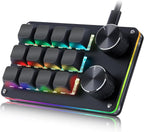 Koolertron Teclado programable macro, teclado mecánico programable con una mano, interruptor azul RGB intercambiable en caliente, 12 teclas 2 botones retroiluminado teclado para trabajar y jugar, negro