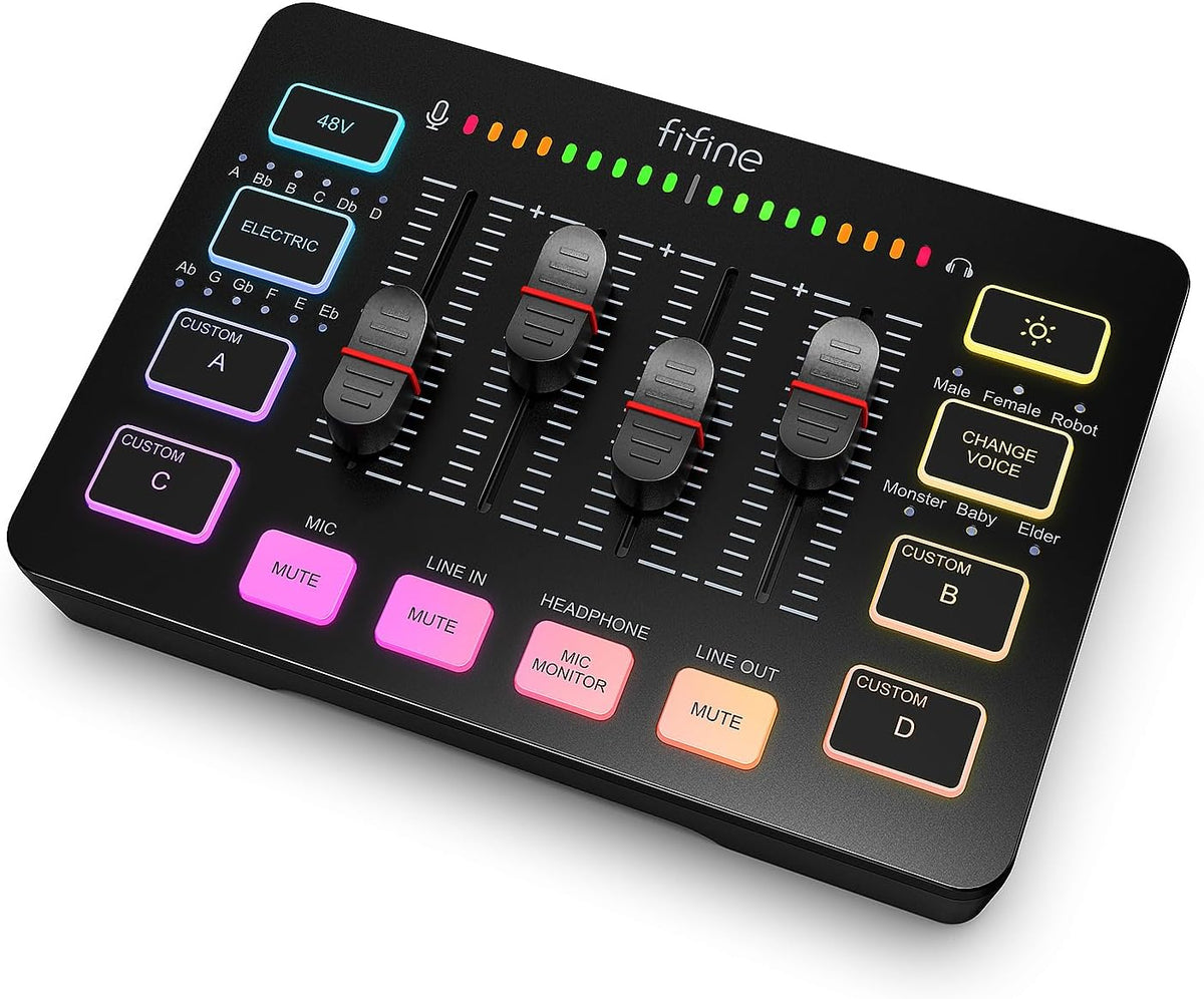 FIFINE Mezclador de audio para juegos, mezclador de PC RGB para streaming con interfaz de micrófono XLR, control individual, atenuador de volumen, botón de silencio, alimentación fantasma de 48 V
