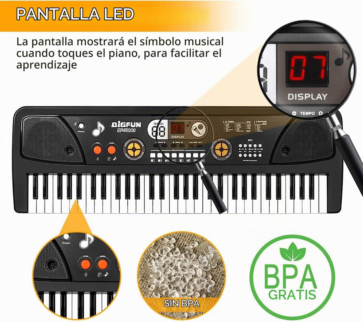 Piano de teclado para niños de 61 teclas con pantalla LED y micrófono