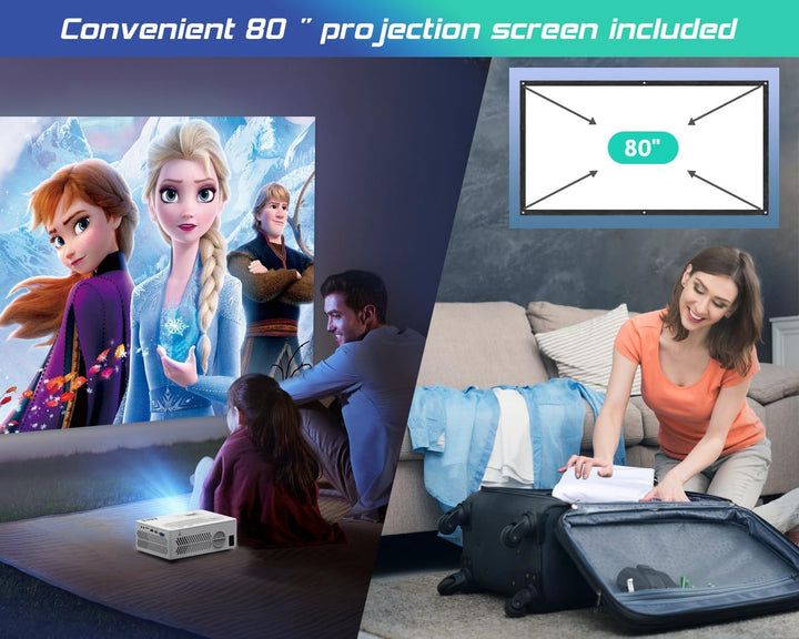TMY - Proyector con WiFi y Bluetooth【pantalla de 80" incluida】P...