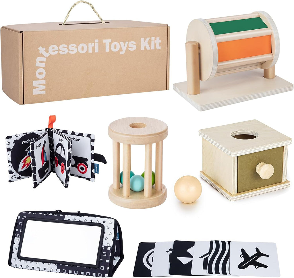 Juguetes Montessori para bebés de 0 a 6 meses, juego educativo de aprendizaje 6 en 1 para recién nacidos, regalos para niños pequeños, incluye tambor giratorio, caja de permanencia de objetos, espejo de tiempo abdominal para bebés y más