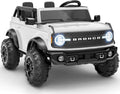 First Ride On Auto de 24 V y 2 plazas para niños, base Ford Bronco con licencia con control remoto, camión eléctrico con Bluetooth, LED, cinturones de seguridad y diseño espacioso (blanco)