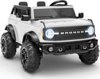 First Ride On Auto de 24 V y 2 plazas para niños, base Ford Bronco con licencia con control remoto, camión eléctrico con Bluetooth, LED, cinturones de seguridad y diseño espacioso (blanco)