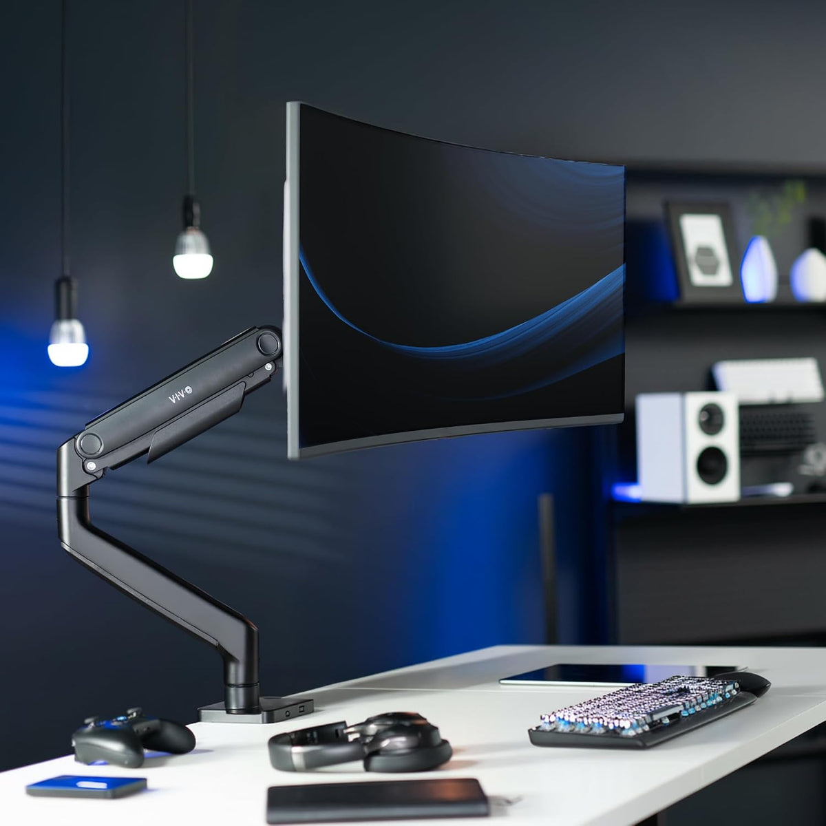 VIVO Brazo de tensión de monitor ultra amplio de aluminio resistente para pantallas de hasta 49 pulgadas, soporta 44 libras, soporte de escritorio premium diseñado para Samsung Odyssey G9 y más, negro