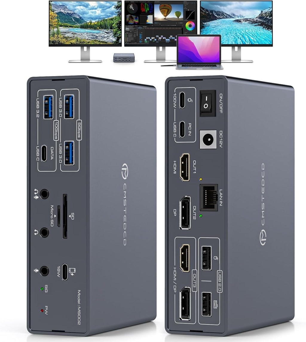 TJCXELE Displaylink - Estación de acoplamiento de 3 monitores con HDMI DP, estación de acoplamiento USB C 19 en 1 para laptop, pantalla triple 4K 60Hz con PD 100W, 10bps USBC/A Ethernet/lectores de tarjetas/audio para M1 M2 M3/Mac y Windows