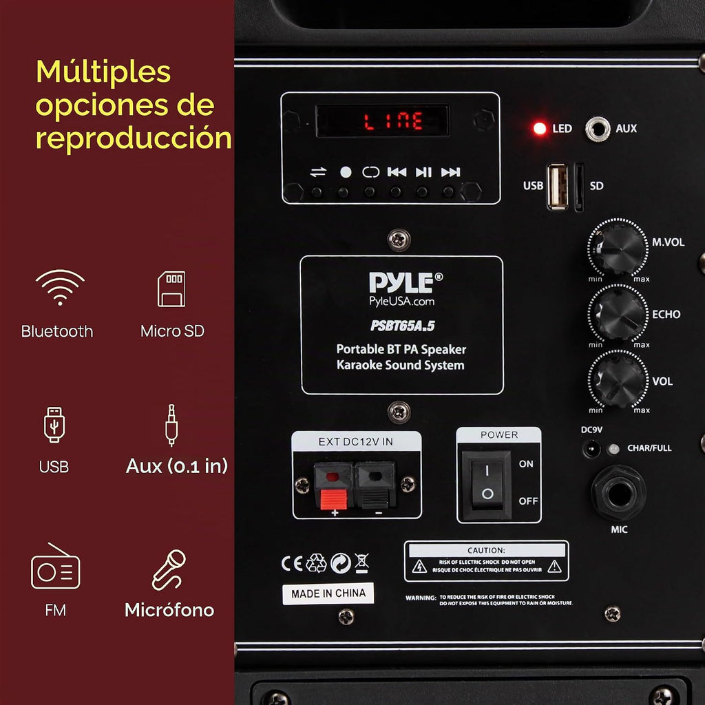 Pyle Sistema de Altavoces PA Bluetooth Portátil - Sistema de Sonido de Karaoke para Interiores y Exteriores con Micrófono Inalámbrico, Grabación de Audio, Batería Recargable, Lector USB/SD, Soporte de