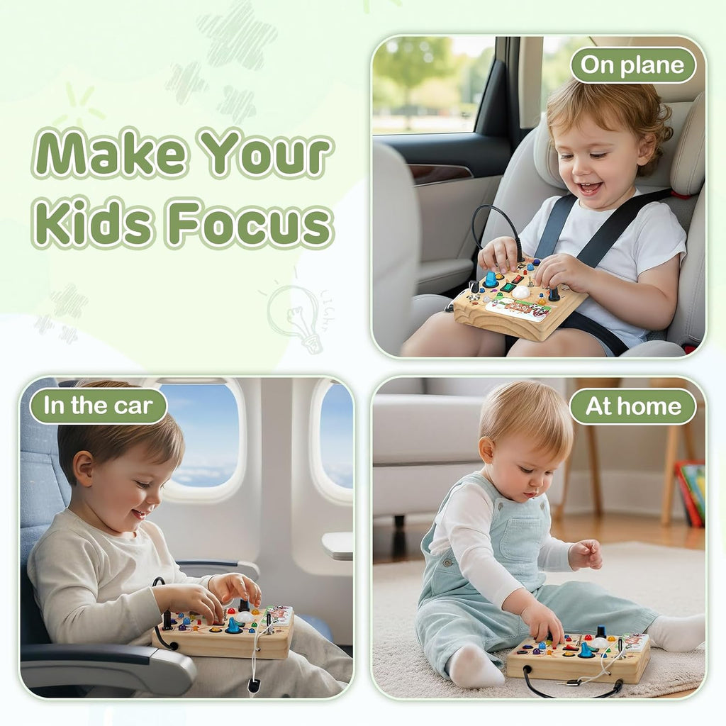 Sanlebi Tablero LED ocupado para niños pequeños de 1 a 3 años, juguete Montessori con interruptor de llave, tablero sensorial de actividad de madera iluminado para habilidades motoras finas, juguete educativo de viaje, regalo para niños y niñas de 1, 2, 3