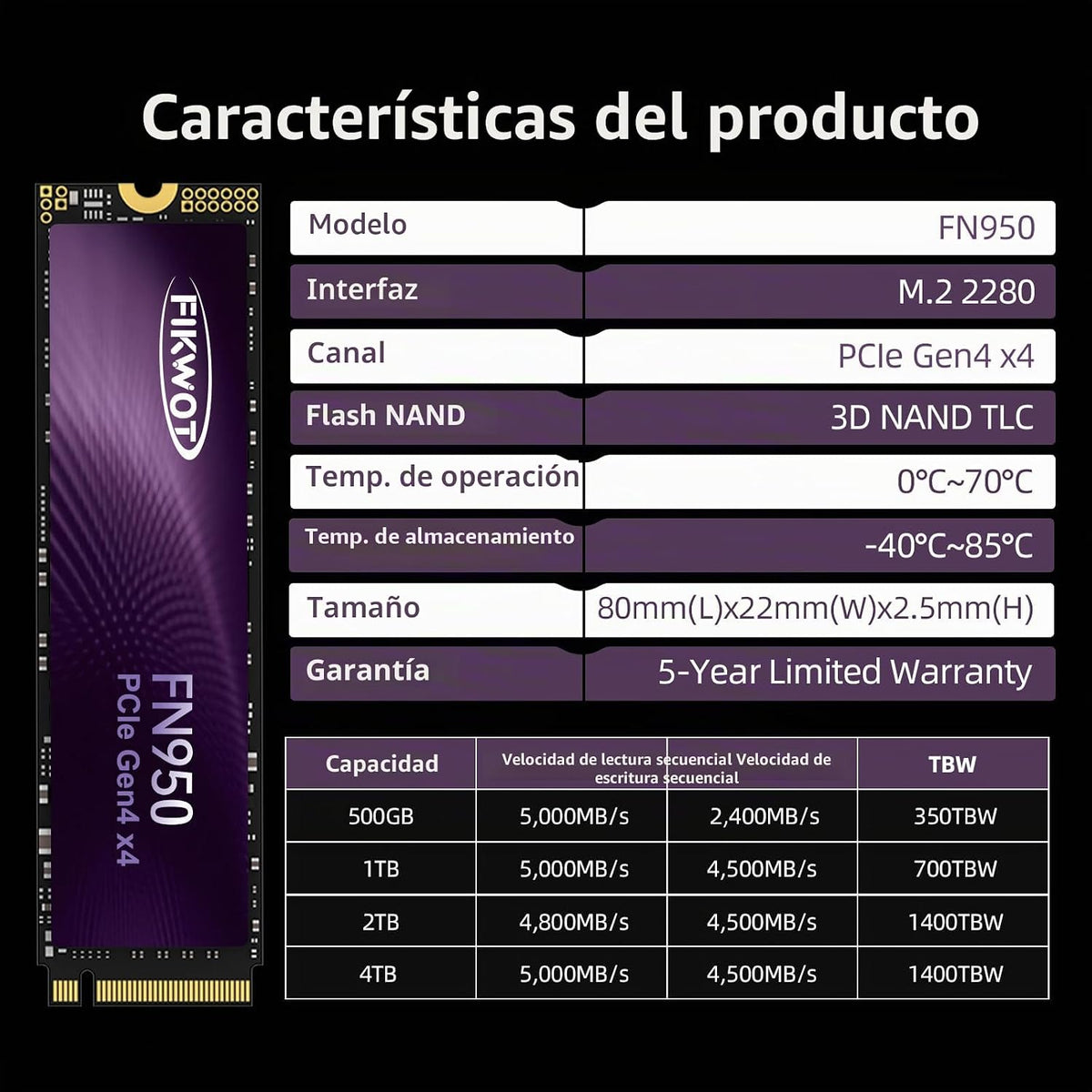 Fikwot FN950 1TB NVMe SSD PCIe Gen4x4 M.2 2280, lectura de hasta 50...