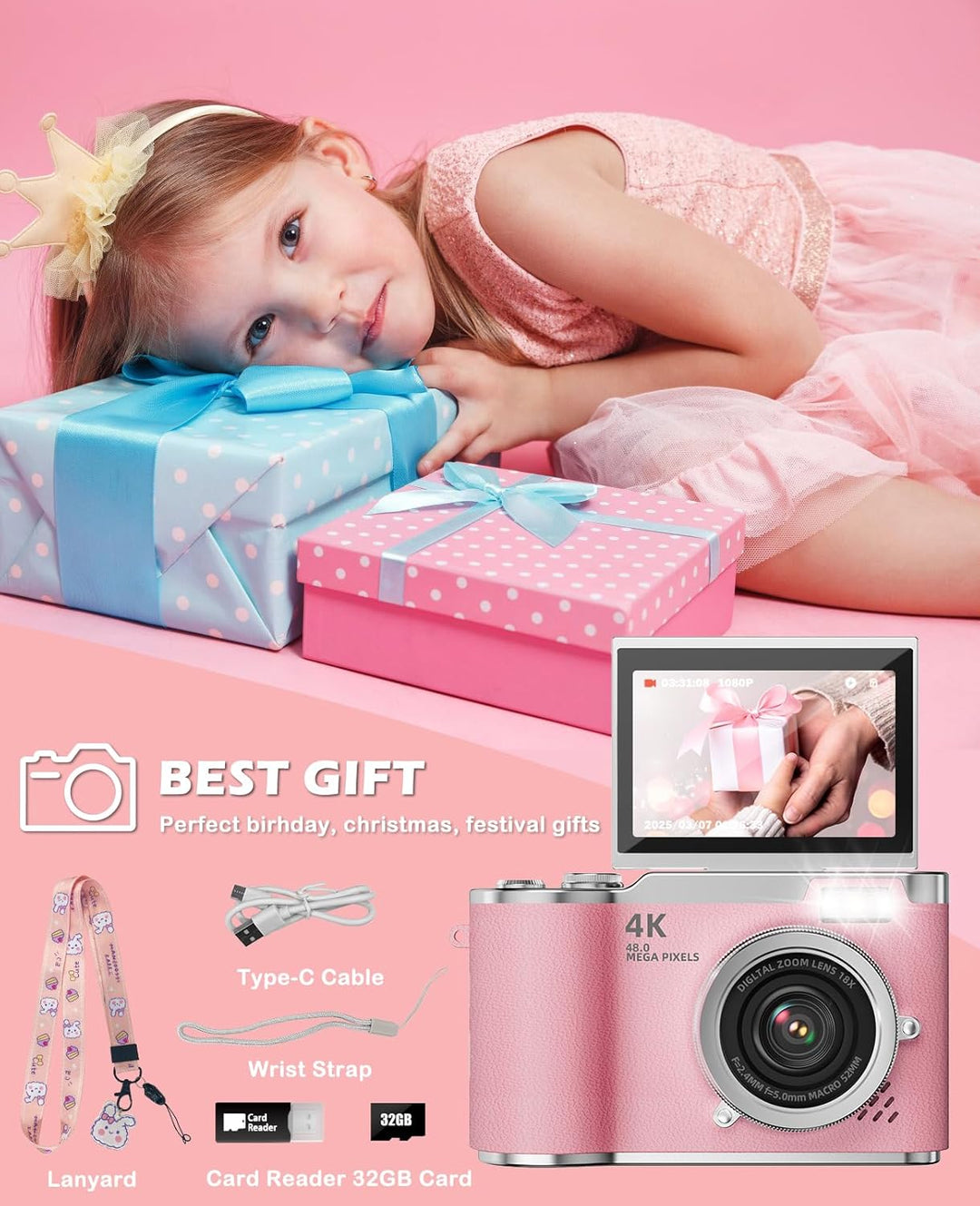 HEYMAO Cámara digital para niños, cámara digital 4K para fotografía...