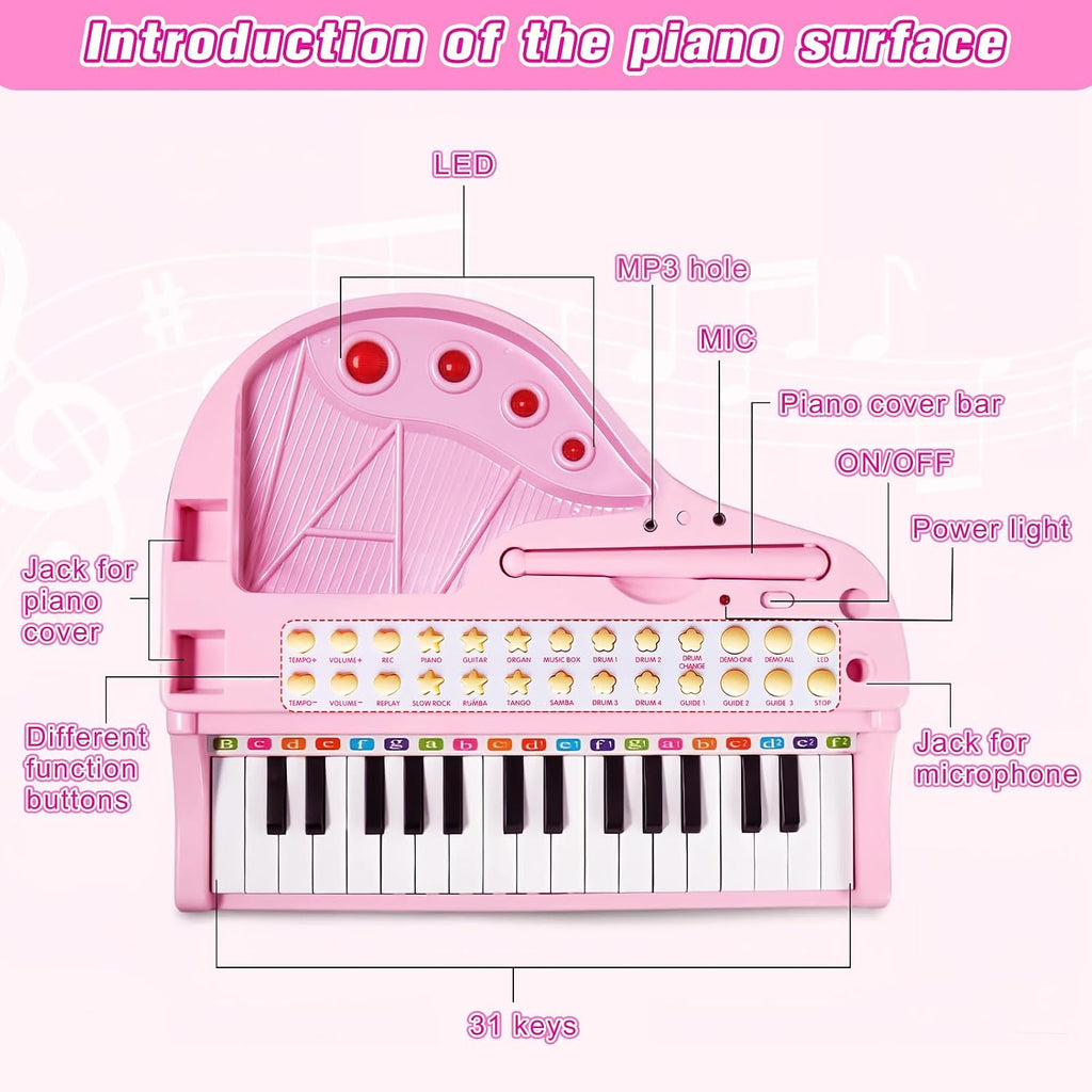Love & Mini - Piano/teclado de juguete color rosa; instrumento musical con micrófono para niños como regalo de cumpleaños