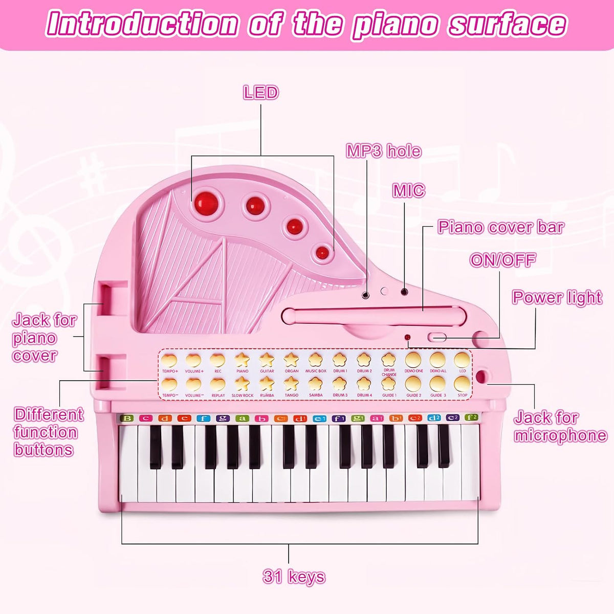 Love & Mini - Piano/teclado de juguete color rosa; instrumento musical con micrófono para niños como regalo de cumpleaños