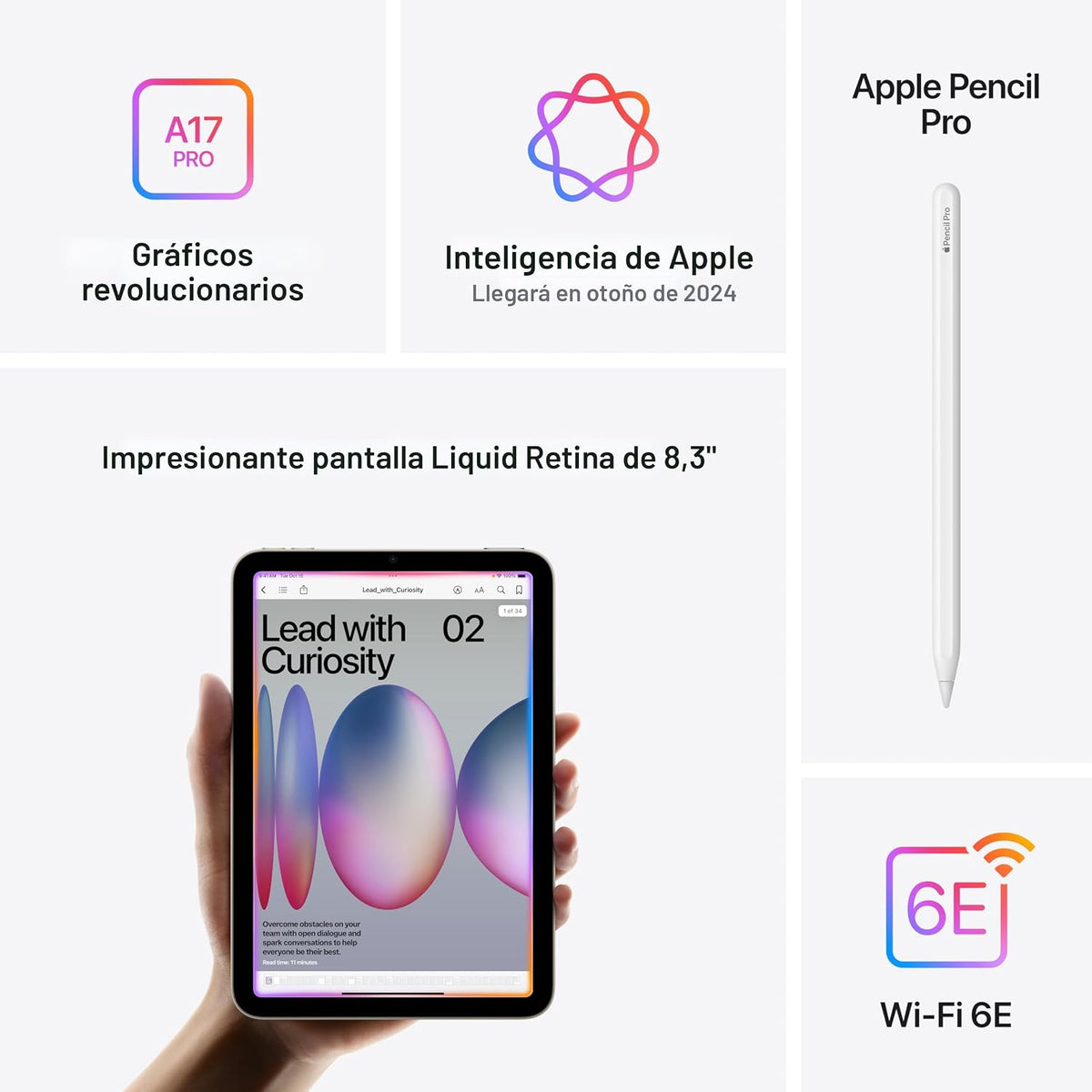 Apple iPad mini (A17 Pro): Apple Intelligence, pantalla de retina líquida de 8.3 pulgadas, 128 GB, Wi-Fi 6E, cámara frontal de 12 MP/trasera de 12 MP, Touch ID, duración de la batería durante todo el día, gris espacial