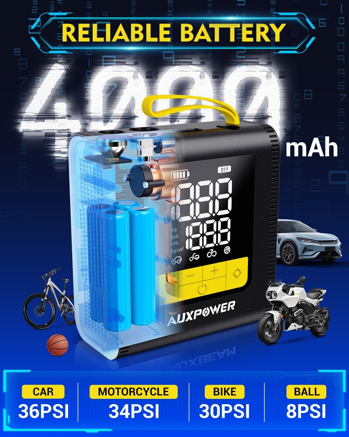 Auxpower Inflador de neumáticos H4, compresor de aire portátil, bom...