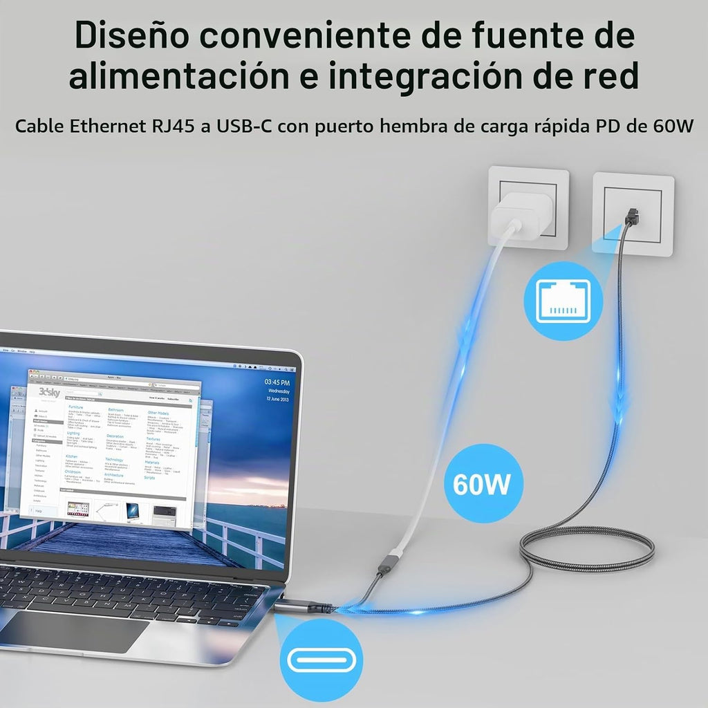 Cable USB-C a Ethernet y carga de 60 W de 15 pies, USBC PD y Gigabit LAN 2