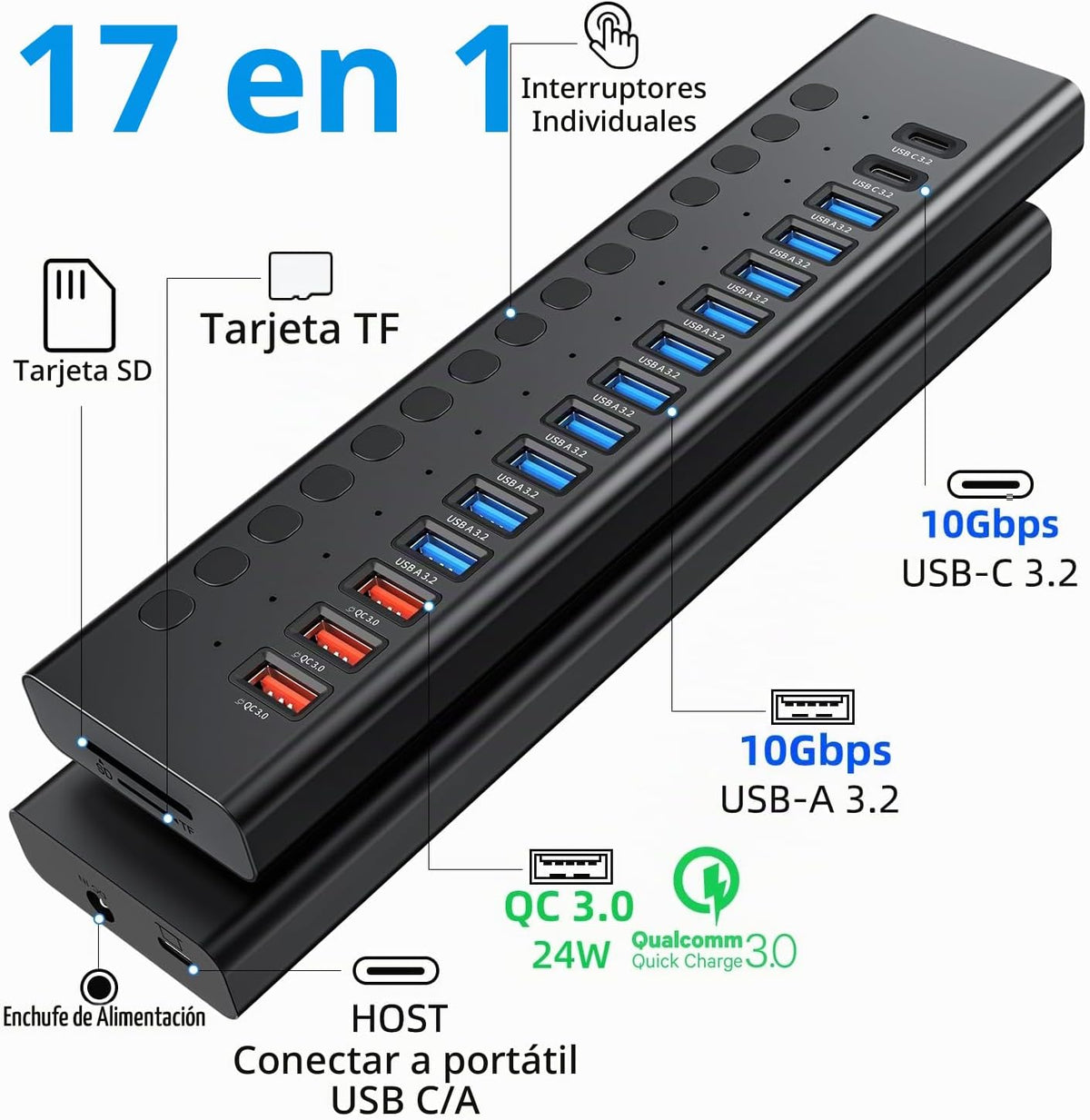 VANGREE, MK1-1200800C8, hub USB 3.2 de 17 puertos, alimentado, adaptador 12V/8A