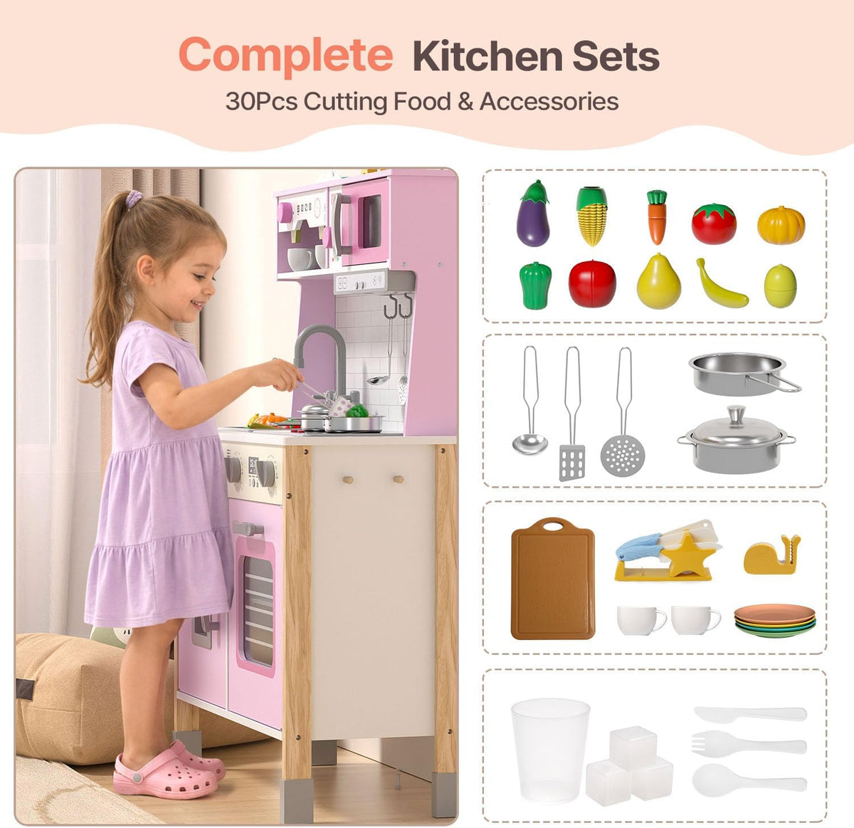 Cocina de madera para niños, altura ajustable, luces reales