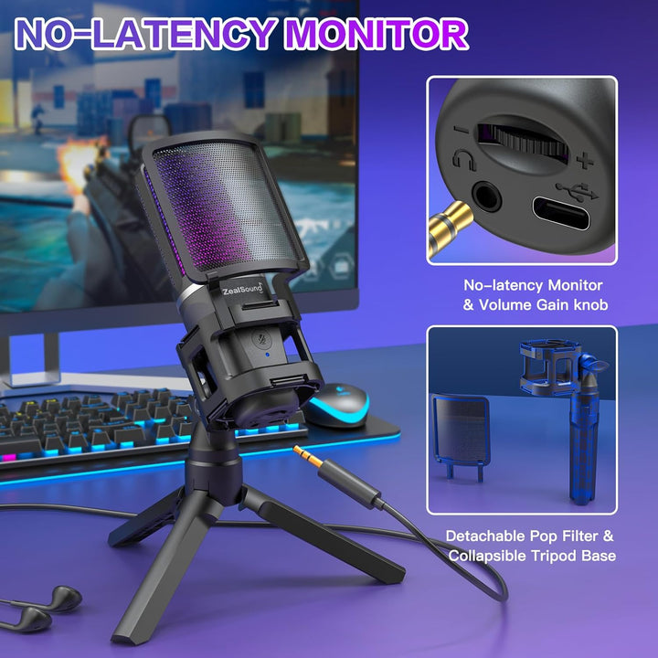 ZealSound Micrófono USB para juegos para PC, micrófono de computado...