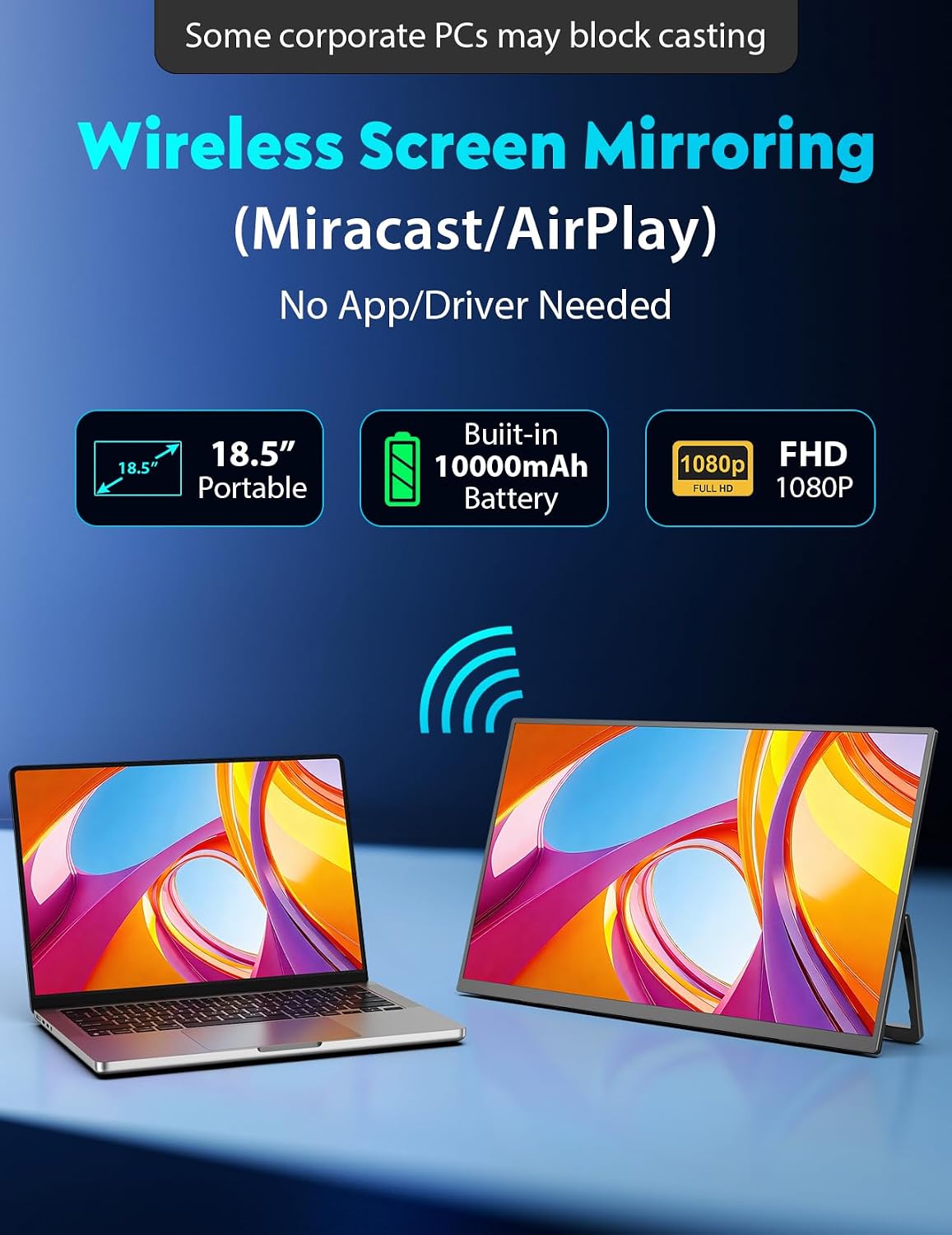 Monitor portátil inalámbrico verdadero de 18.5 pulgadas, 1080P FHD, batería de 10000 mAh, espejo de pantalla inalámbrico (AirPlay/Miracast), rotación automática para teléfono/tableta, USB C y mini HDMI, VESA, funda protectora incluida
