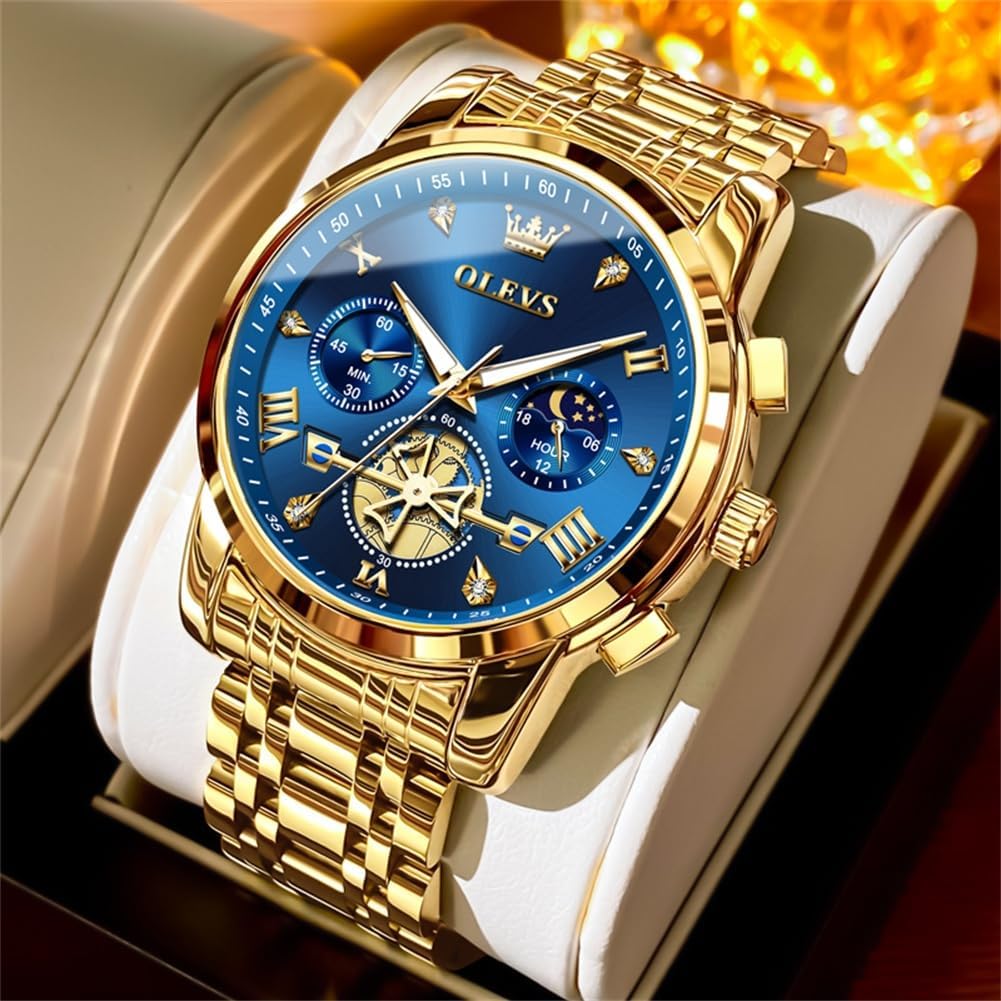 OLEVS Relojes para hombres Luxurious vestimenta acero inoxidable resistente al agua cronógrafo