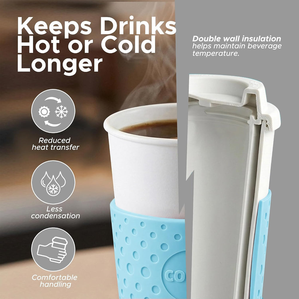 Copco Acadia Taza de viaje (paquete de 4), taza de café aislada de 16 onzas con plástico de doble pared, tapa a prueba de fugas, apta para microondas y lavavajillas, funda antideslizante, bebidas