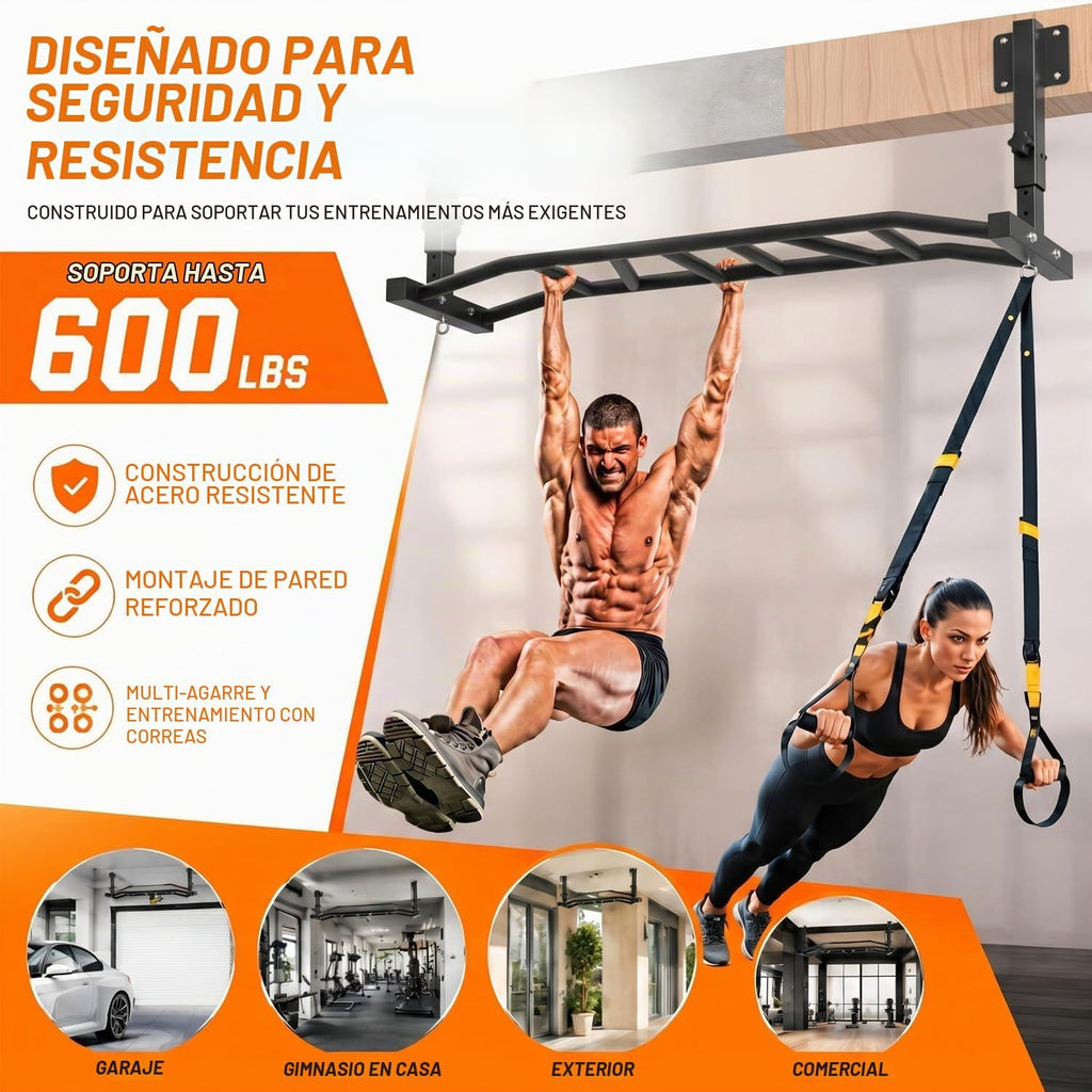 Barra de dominadas montada en vigueta de 48 pulgadas, barra de dominadas de montaje en techo resistente de 600 libras, barra de techo para gimnasio en casa, garaje, sótano con anclajes redondos y ajustables de 5 alturas, fácil de instalar