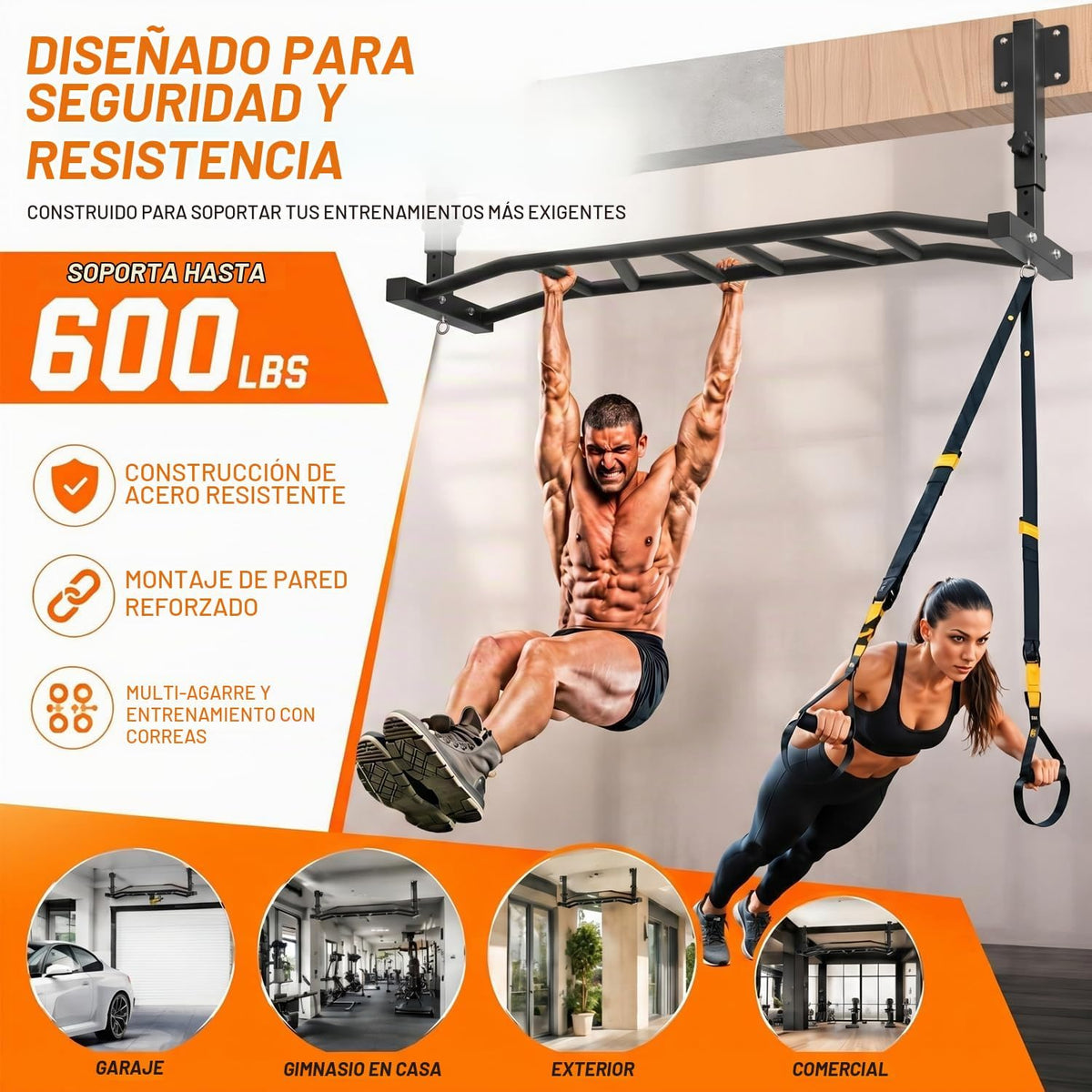 Barra de dominadas montada en vigueta de 48 pulgadas, barra de dominadas de montaje en techo resistente de 600 libras, barra de techo para gimnasio en casa, garaje, sótano con anclajes redondos y ajustables de 5 alturas, fácil de instalar